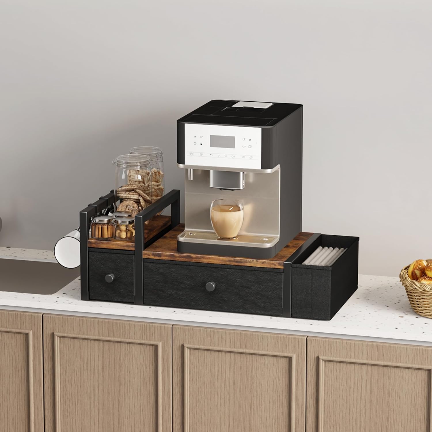 Homeiju Coffee Pod Drawers - K Cup Organizer, Nespresso Pods Holder with Mug Rack, Coffee Holder for Countertop, 52 Capacity Pods, Suitable for Kitchens, Offices and Coffee Bars(Brown)