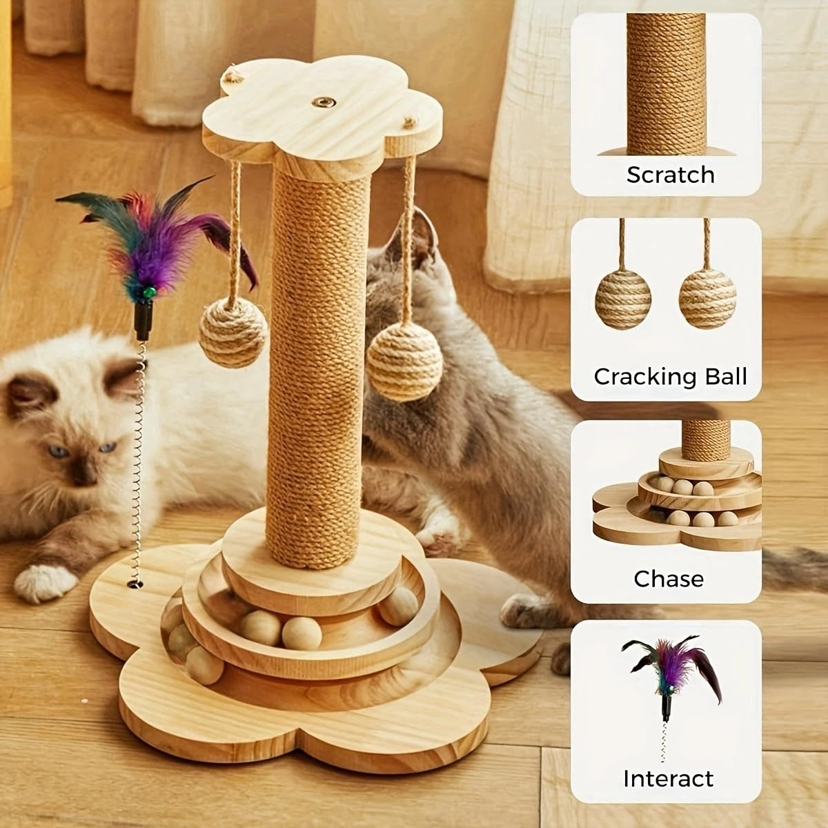 Tiragraffi per gatti alto 50 cm, per gatti da interni e adulti, con palla sospesa e palla in legno interattiva in corda in sisal per gatti