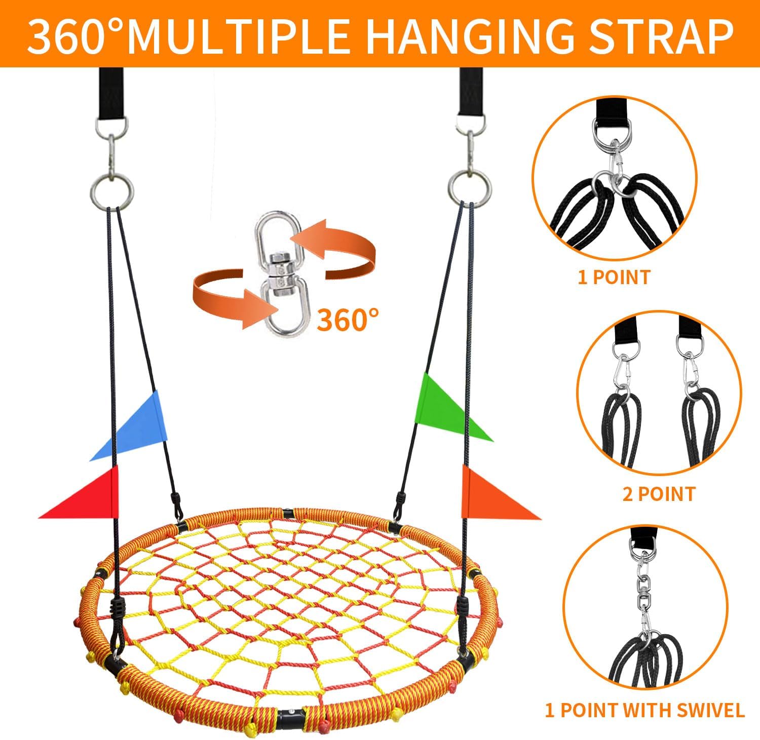 43" Spider Web Swing,Tree Swing for Kids Outdoor,Outdoor Large Web Swings，900Lb Weight Capacity, with 71" Detachable Nylon Rope Swivel，for Backyard, Playground (Red-Yellow) (43in)