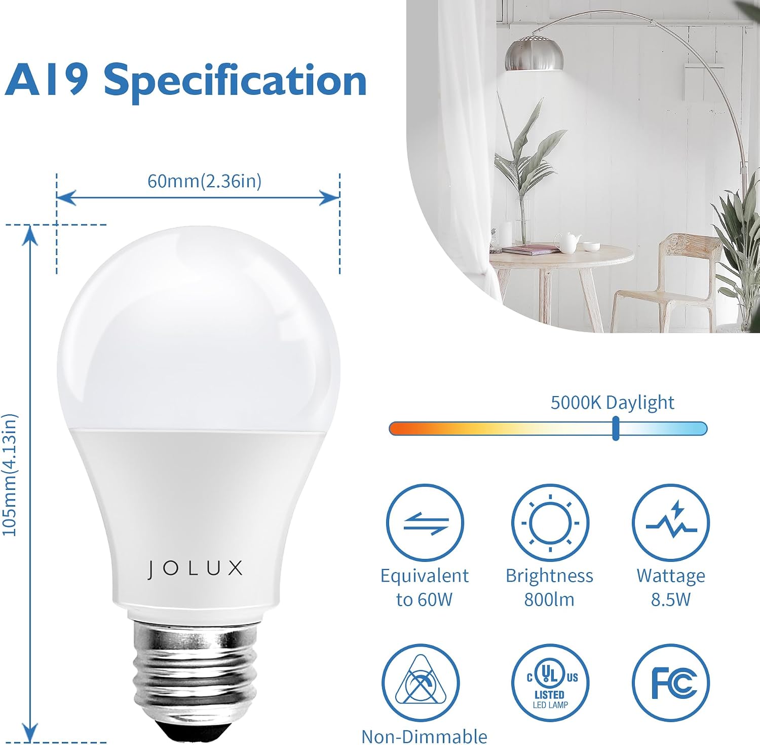 Jolux A19 E26 led Bulb 60 watt Equivalent, Medium Screw Base Bulbs, 8.5W 5000K(Daylight), 800 Lumens Enclosed Fixture Rated,Non-Dimmable,No Flicker,UL Listed, 12-Pack