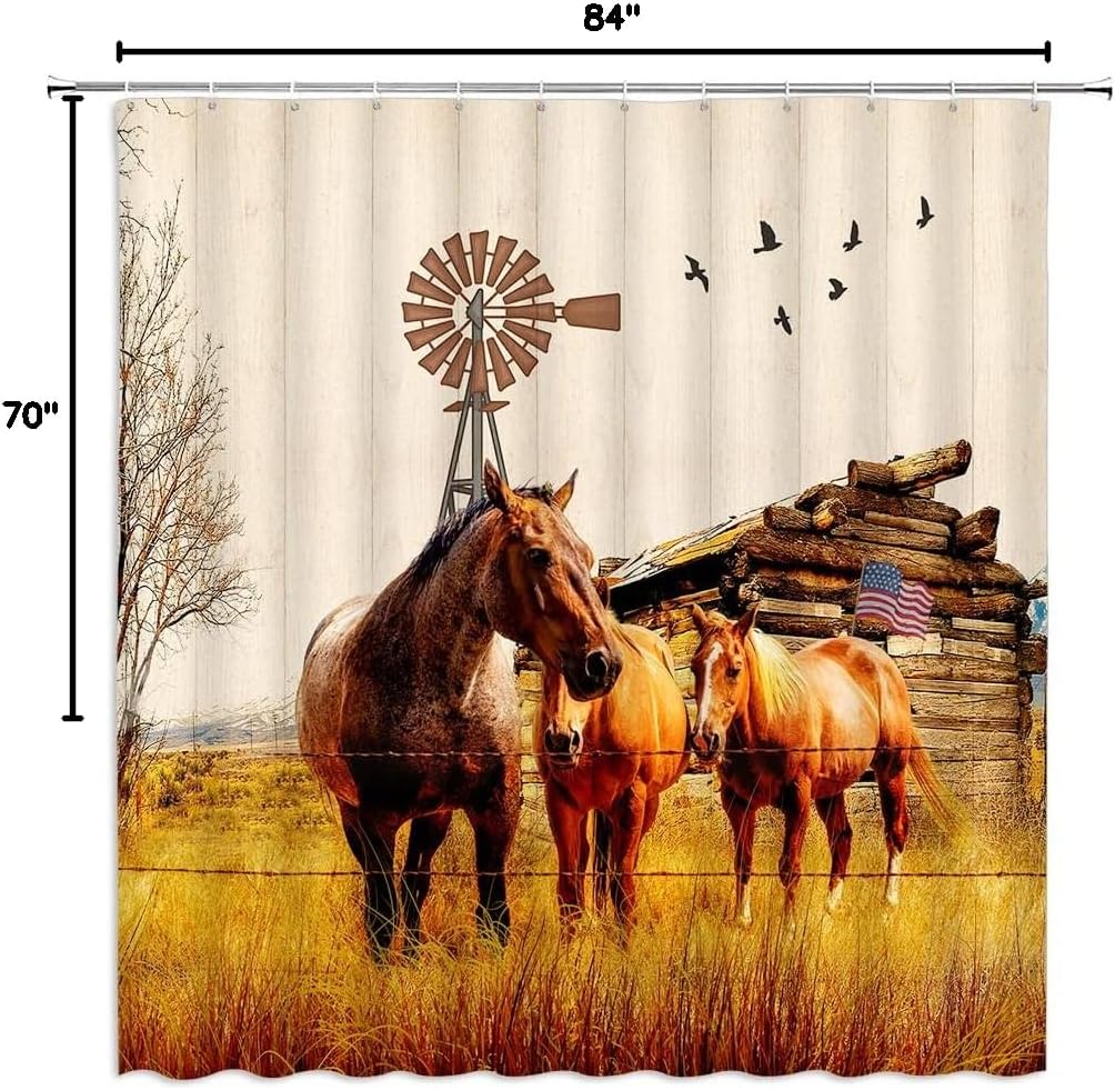 Western Horse Shower Curtain Farm Animal Barn Windmill Country Farmhouse Vintage Art Bathroom Decor Set Bath Curtains Washable Polyester Fabric with Hooks 70Wx84H Inch