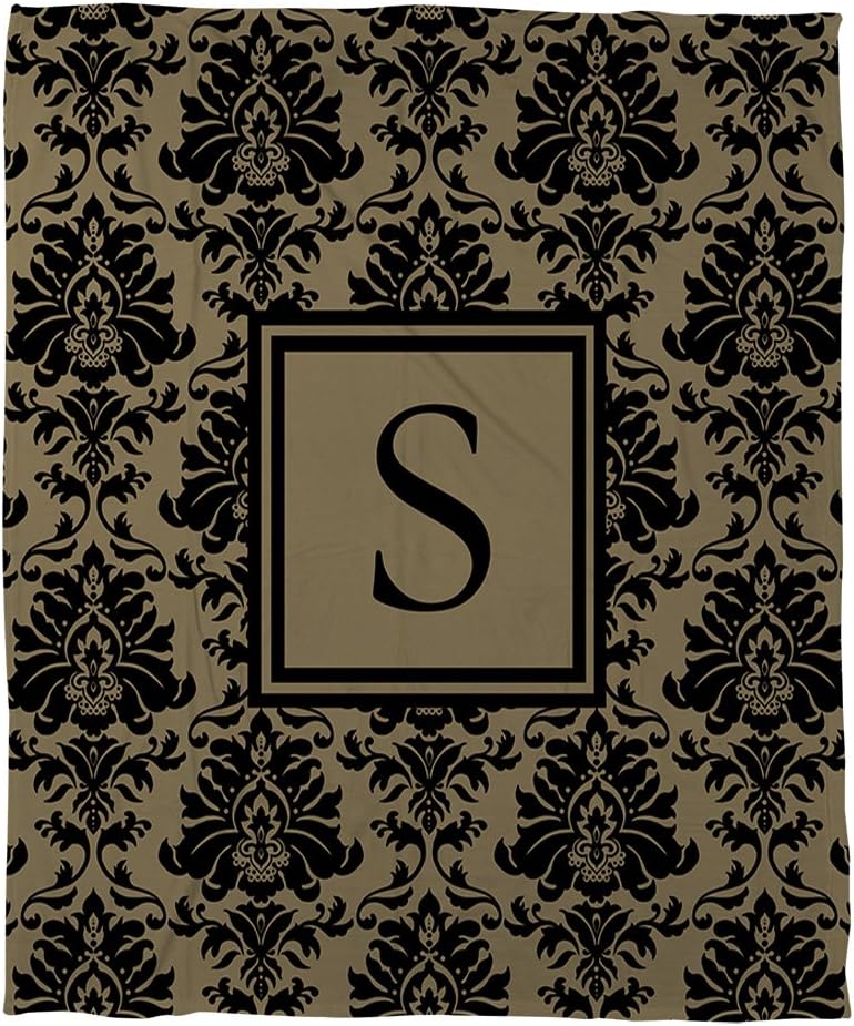 Manual Woodworkers & Weavers Coral Fleece Throw, 50 by 60-Inch, Monogrammed Letter S, Black and Gold Damask