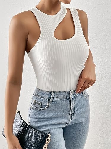 Miniatura 4 de GORGLITTER Camiseta sin mangas para mujer, cuello asimétrico, punto acanalado, camiseta sin mangas