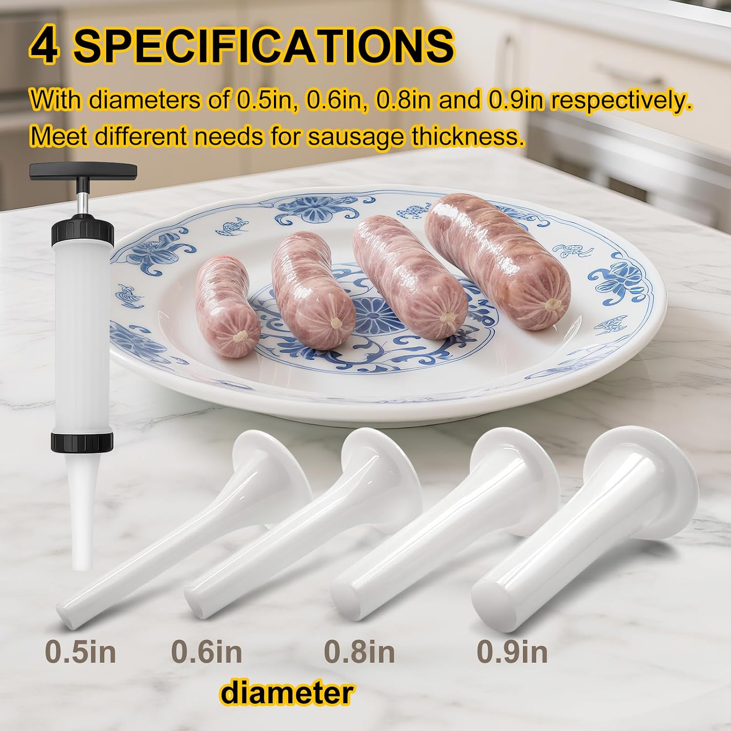 2 Set Sausage Stuffer, Plastic Meat Filler Funnel, Quick Meat Filling Tool, Hot Dog Stuffer with 4 Size Filling Tubes for Holiday Christmas Household Use Camping Outdoor BBQ