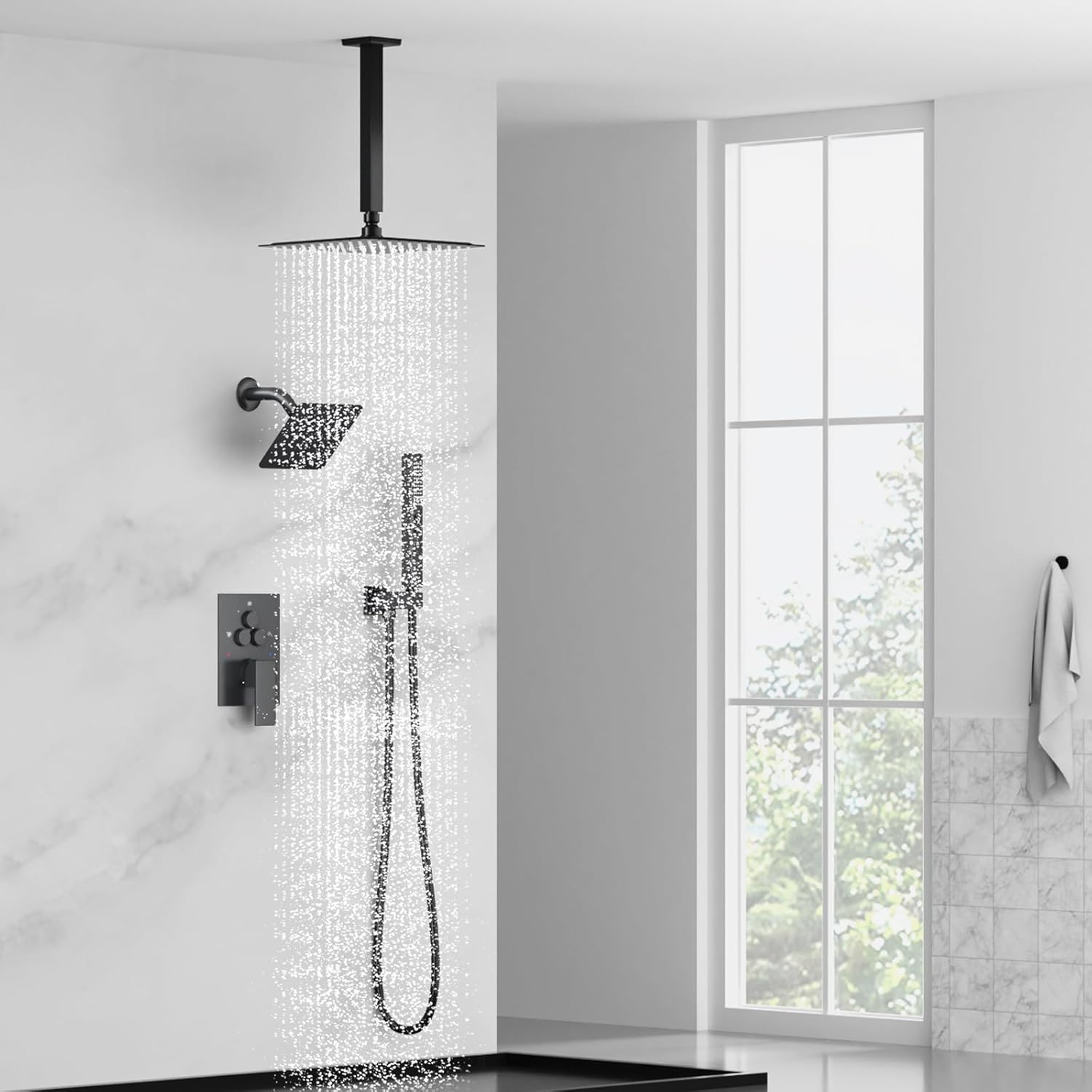 Shower System Shower Faucet Set - SunCleanse Matte Black 3-Way Push Button Diverter Shower Faucet Valve Kit with 10'' Ceiling 6'' Wall-Mounted Combo with Handheld, Dual Shower Heads for Couples