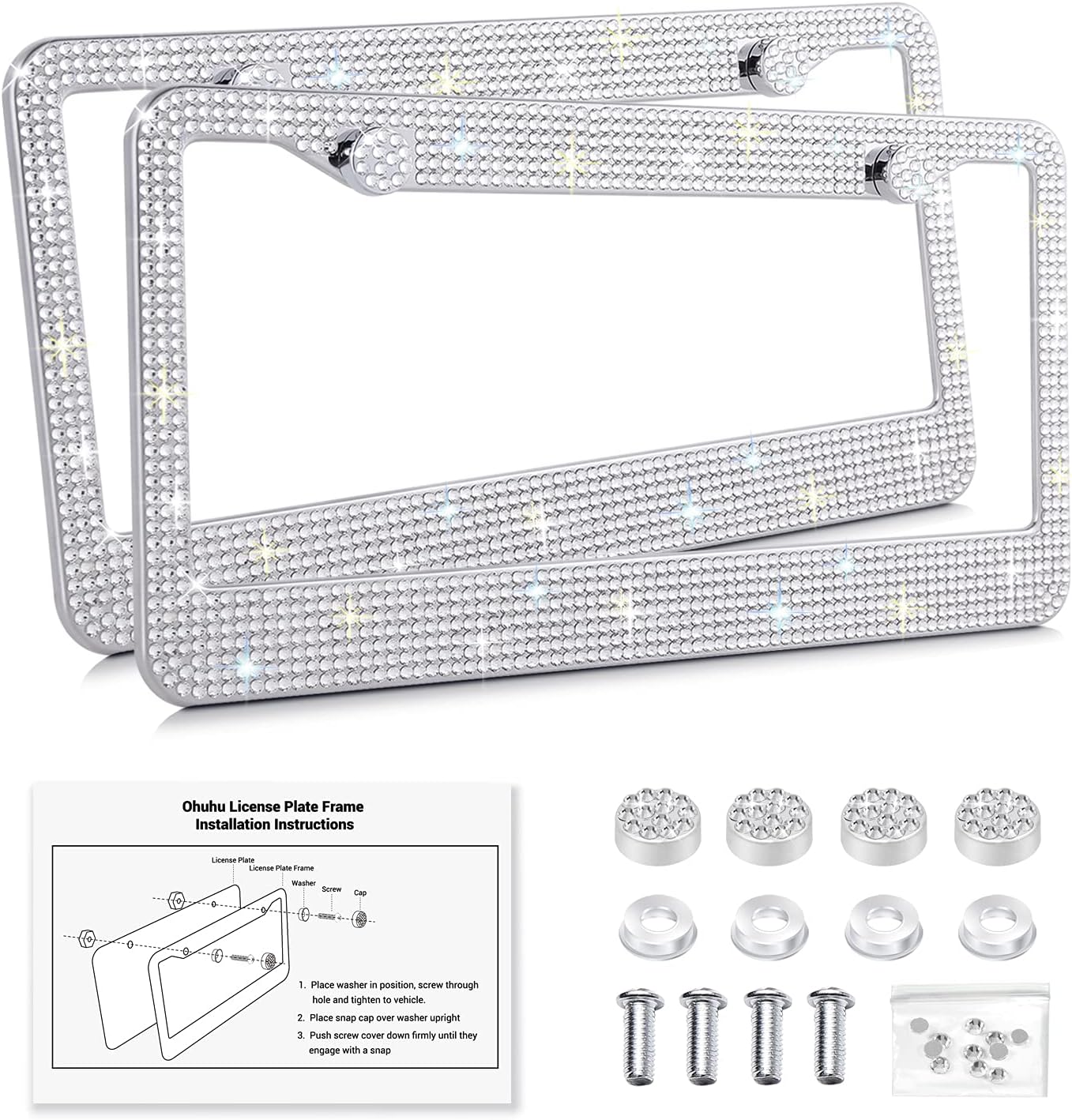 Ohuhu Bling License Plate Frames 2 Pack White with Mounting Accessories, Luxury Handcrafted Premium Rhinestone Glitter Sparkly License Plate Frame