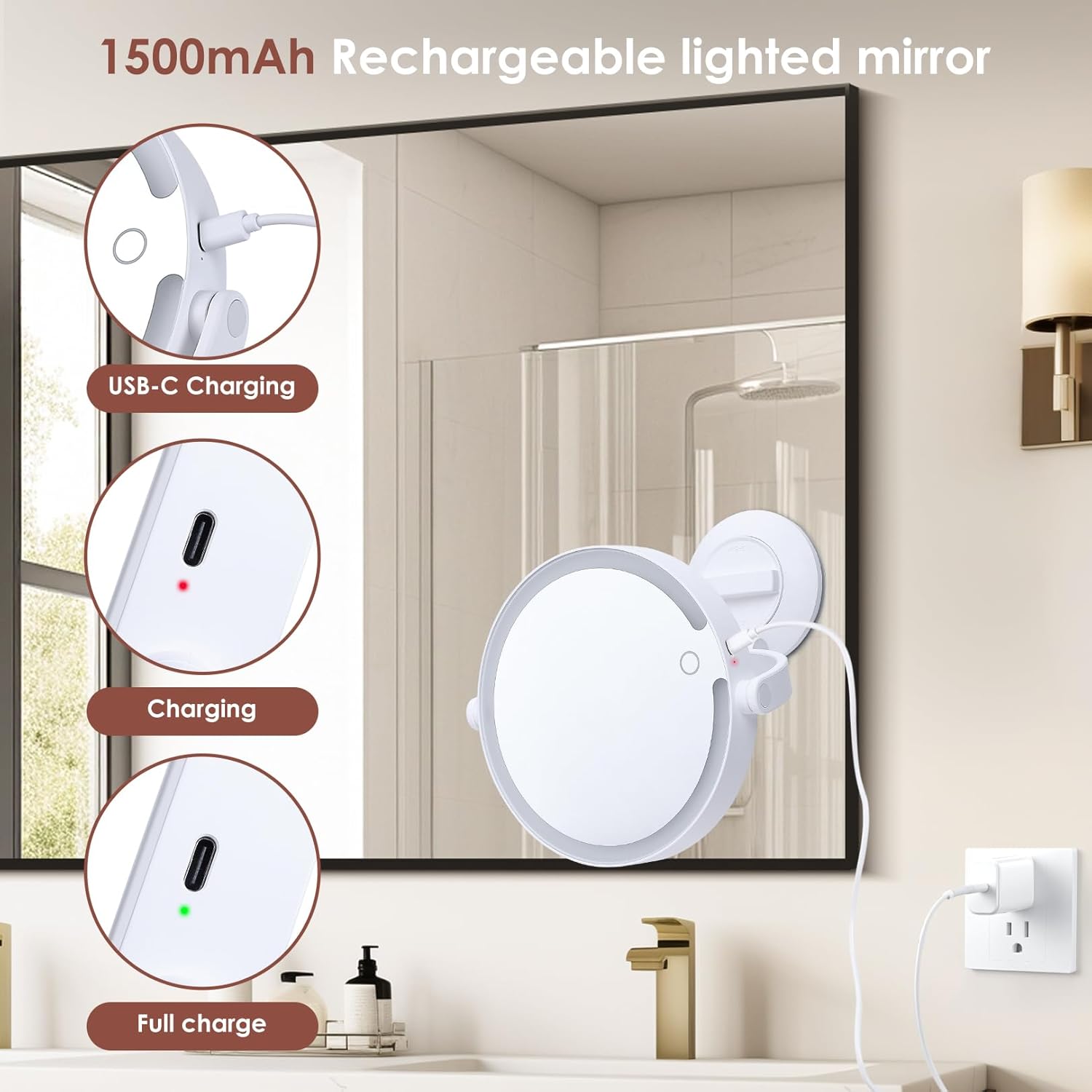 LUKYMIRO M30 mirror showing USB-C charging port and charging indicator lights