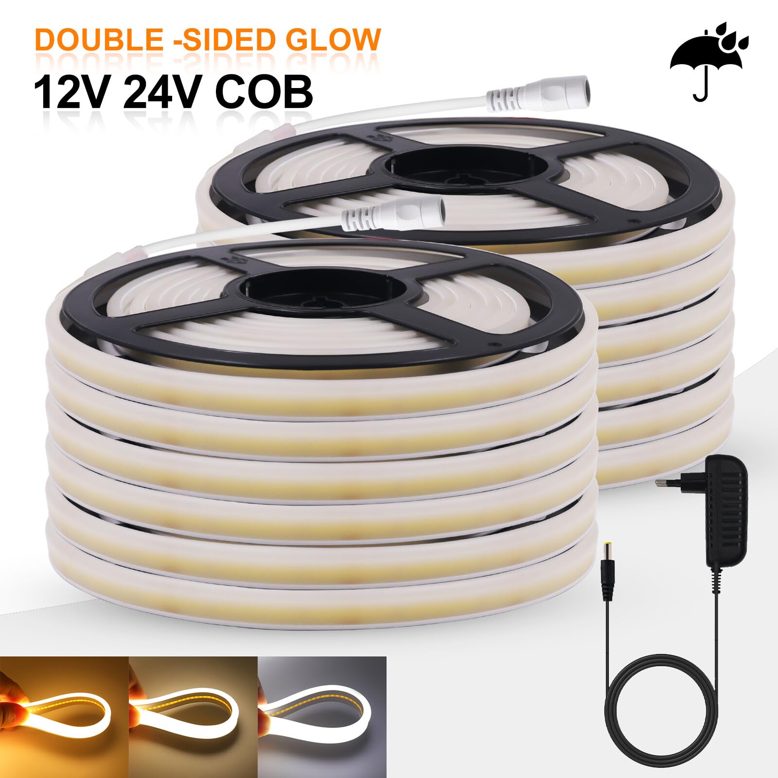 24V Tira LED de neón COB[15m, Blanco cálido 3000-3500K],flexible e impermeable IP65,320 LEDs/m cortable iluminación de doble cara FCOB CRI85+,decoración e iluminación para hogar/tienda