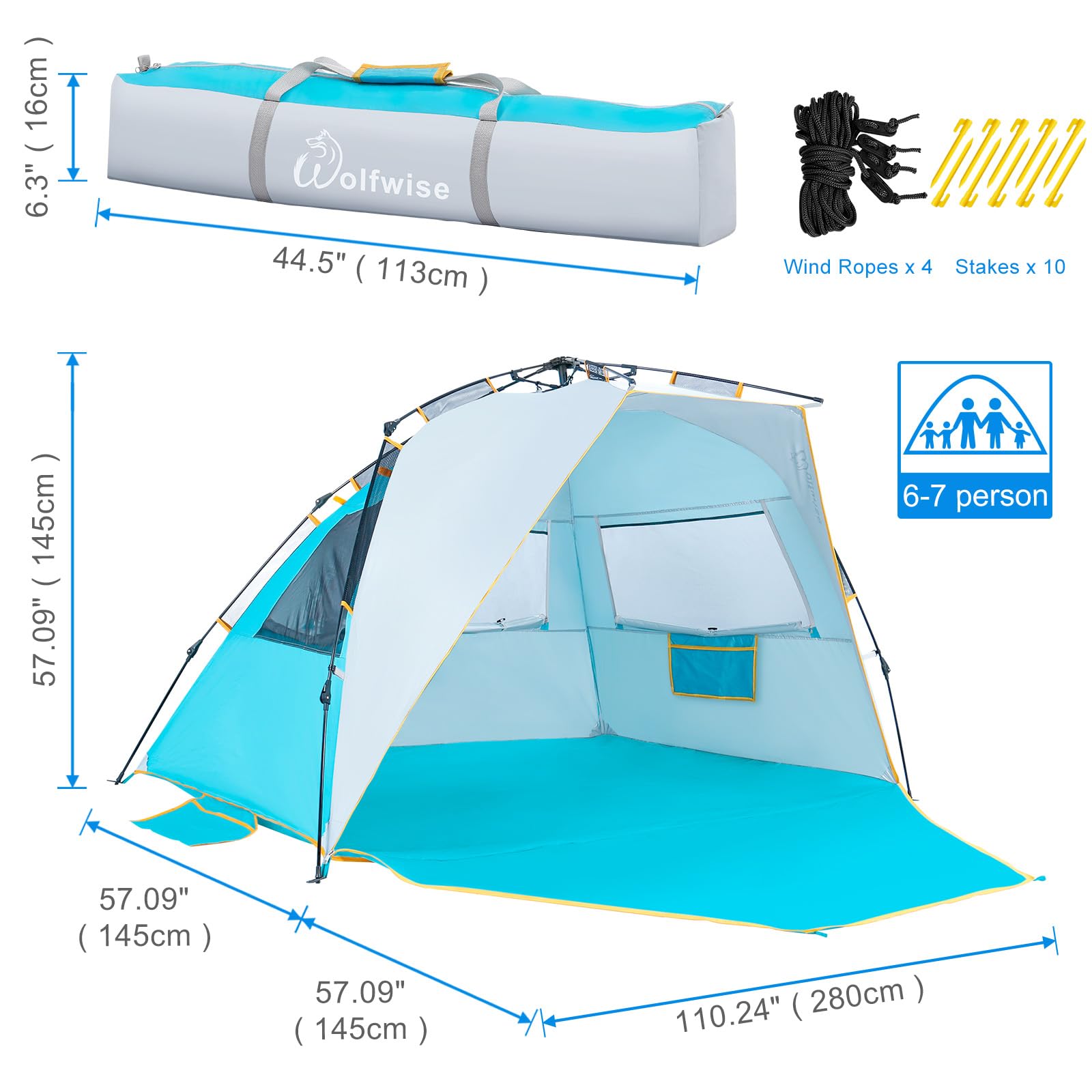 Wolfwise Strandmuschel UV-Schutz 50+ Wasserabweisend 280x145x145cm Blau Camping