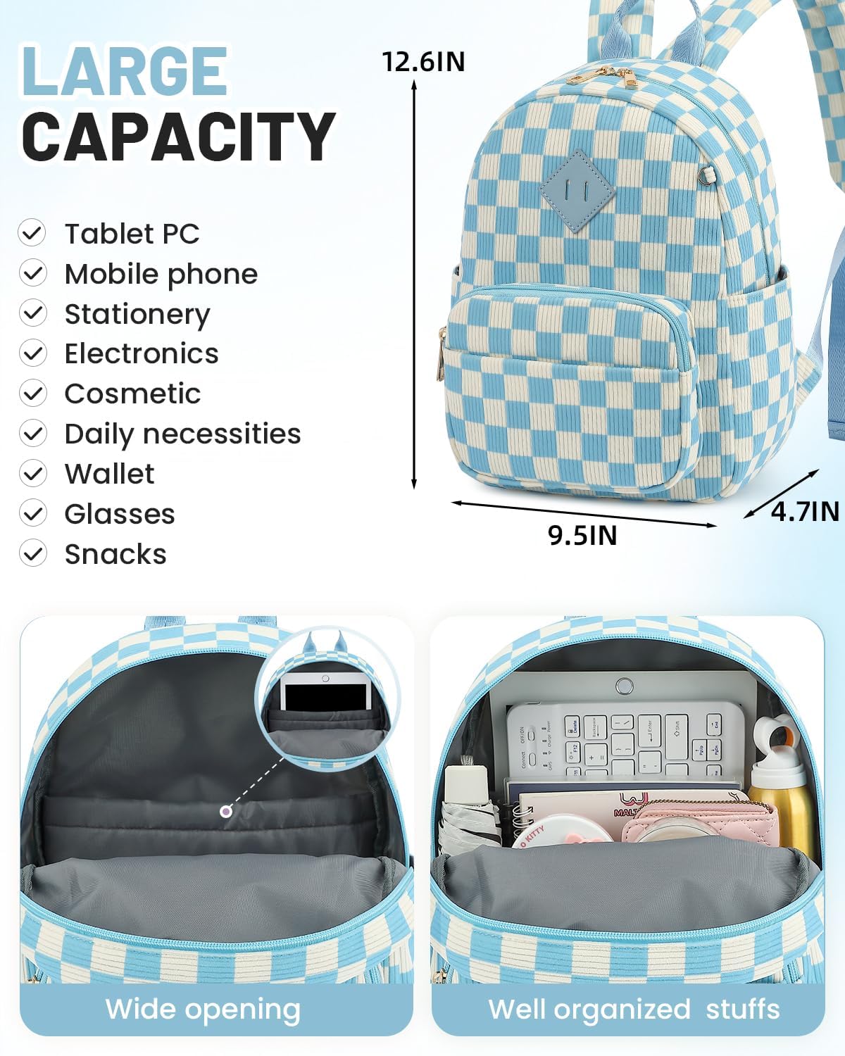 Corduroy Mini Backpack Purse, Lightweight Stylish Cute Small Bag for Women Girls, Adjustable Strap College School Bag Travel Daily Daypacks (Checkered Blue) - Image 3