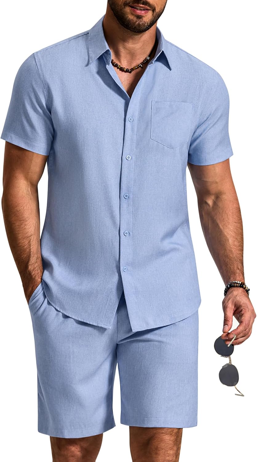 COOFANDY Mens Summer Beach Vacation Outfits 2 Piece Cruise Outfit Sets for Men Short Sleeve Button Down Shirts