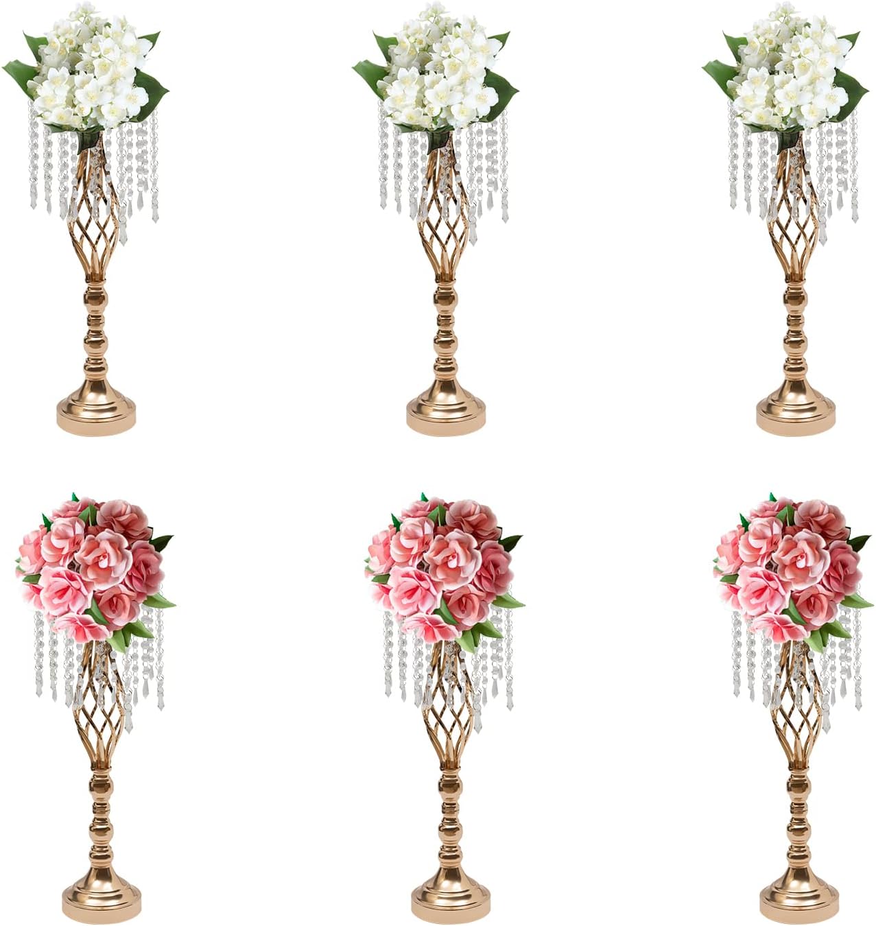 6 Pcs Crystal Flower Stands,Flower Holders,21.7 inches Tall Flower Vase with Chandelier for Wedding Party,Reception Dinner Event,Tabletop Decorations