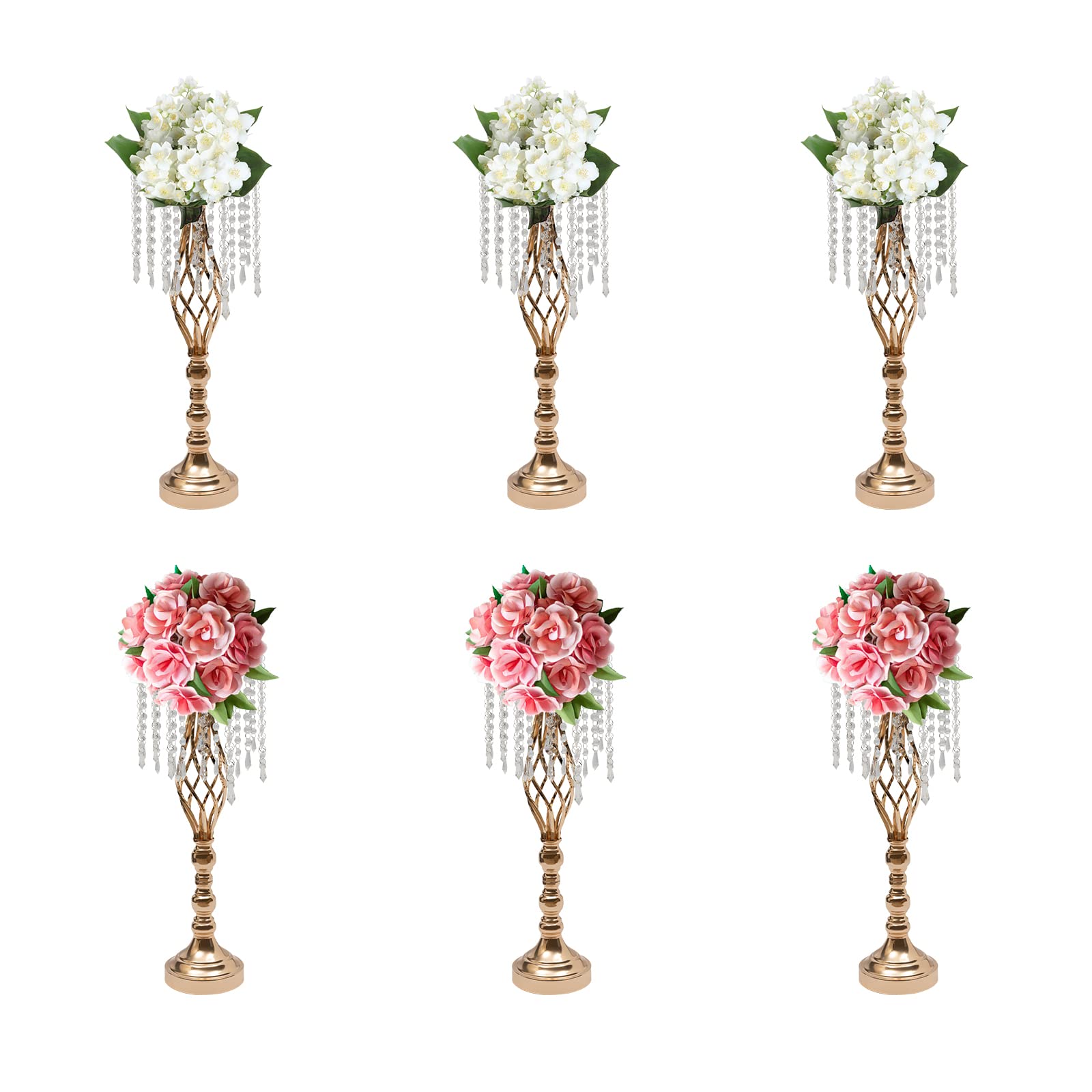 6Pcs Luxurious Acrylic Crysta Flower Stand, Gold Vases for Centerpieces, 21.7inch Pedestal Stands with Large Base, Tabletop Vase, for Wedding Party, Dinner Event, Hotel/Home Decor