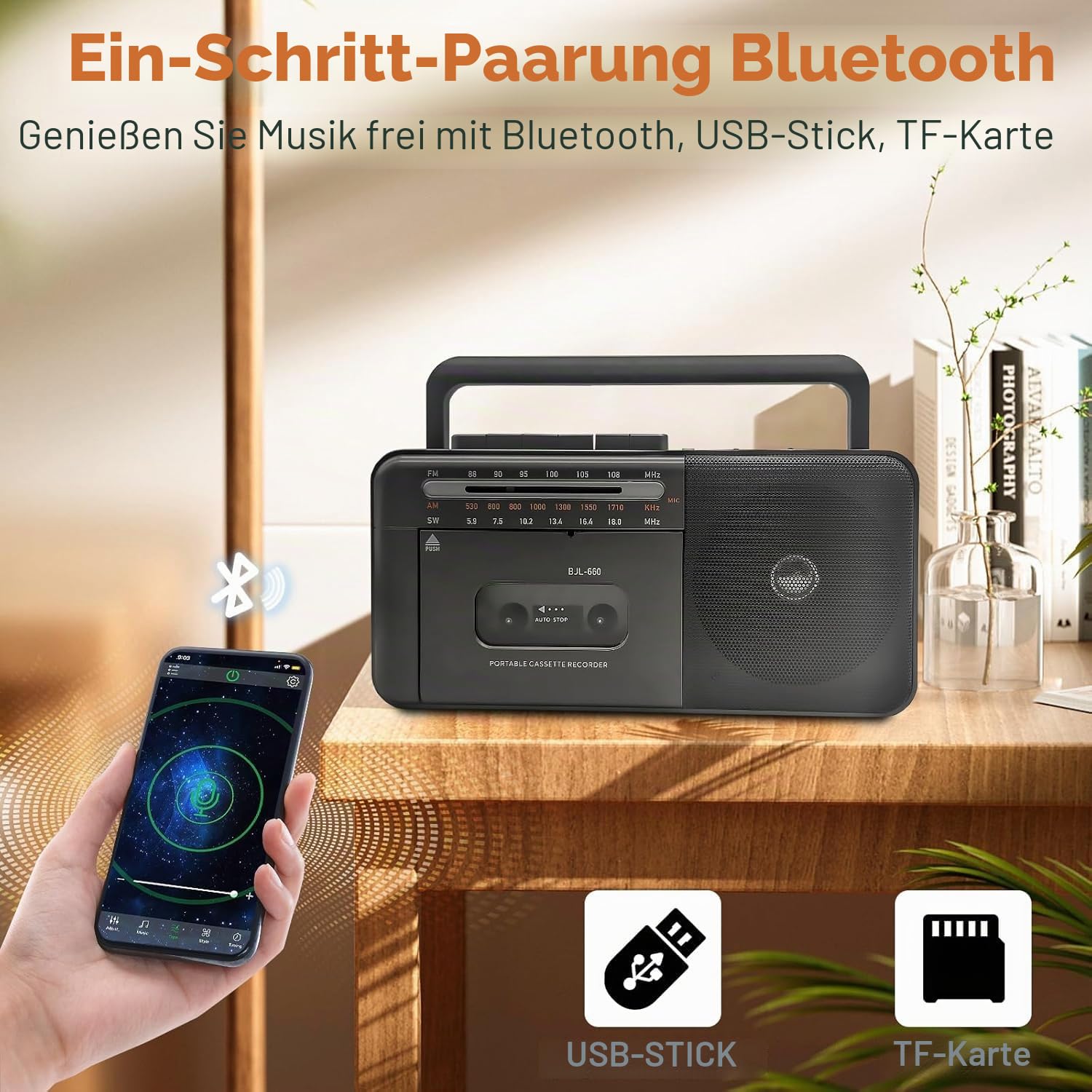 Kassettenspieler Bluetooth Boombox, Tape Recorder AM/FM/SW Radio Stereo Tape Player/Recorder mit großem Lautsprecher und Kopfhöreranschluss, USB/TF/MP3 Tapes Player AC betrieben oder