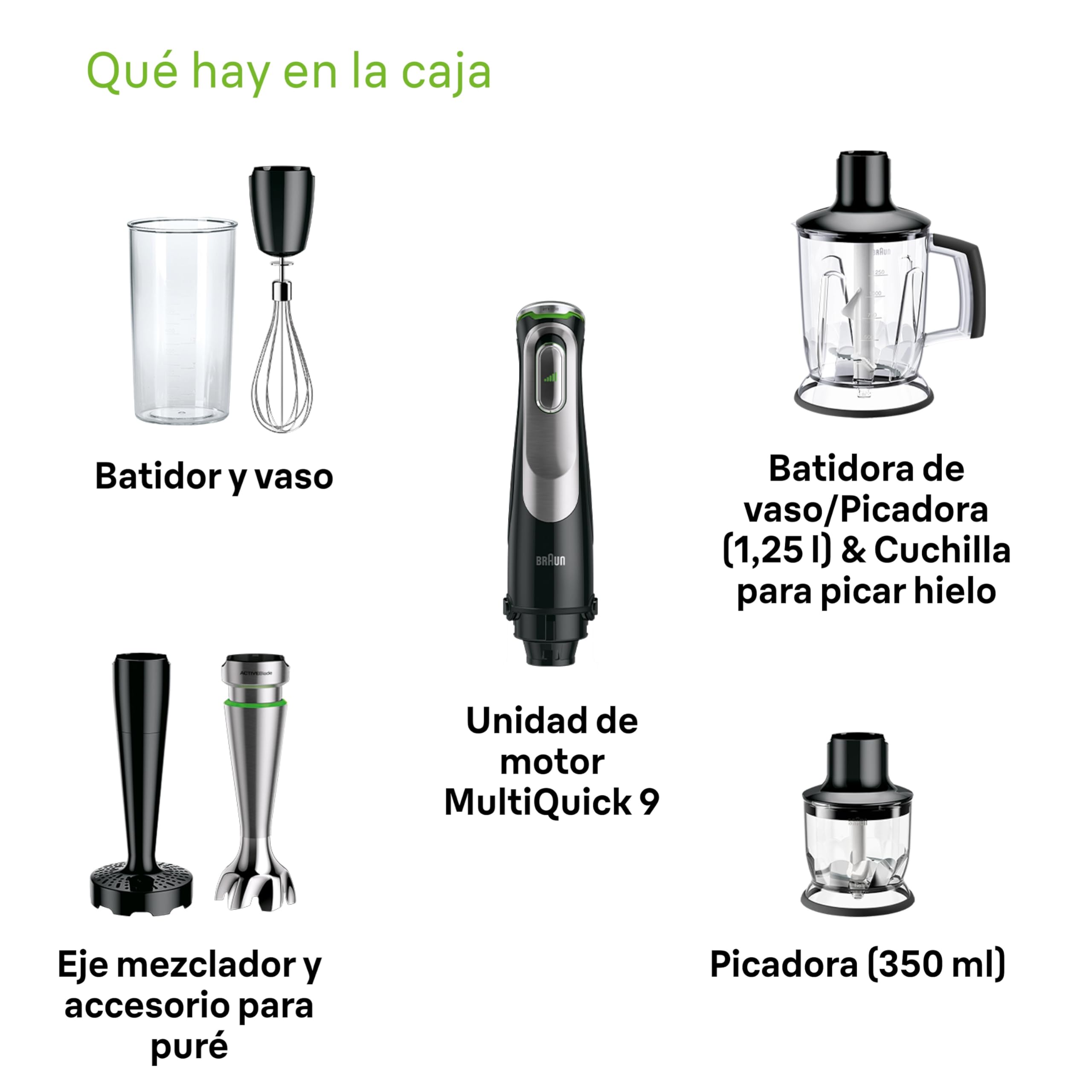 Braun Minipimer 9 - Batidora de Mano con Tecnología Anti Splash, Selección Precisa de Velocidad, Active PowerDrive para Resultados Suaves, Jarra Batidora, Picadora, Vaso 600mL, 1200W, Negro (MQ9147X)