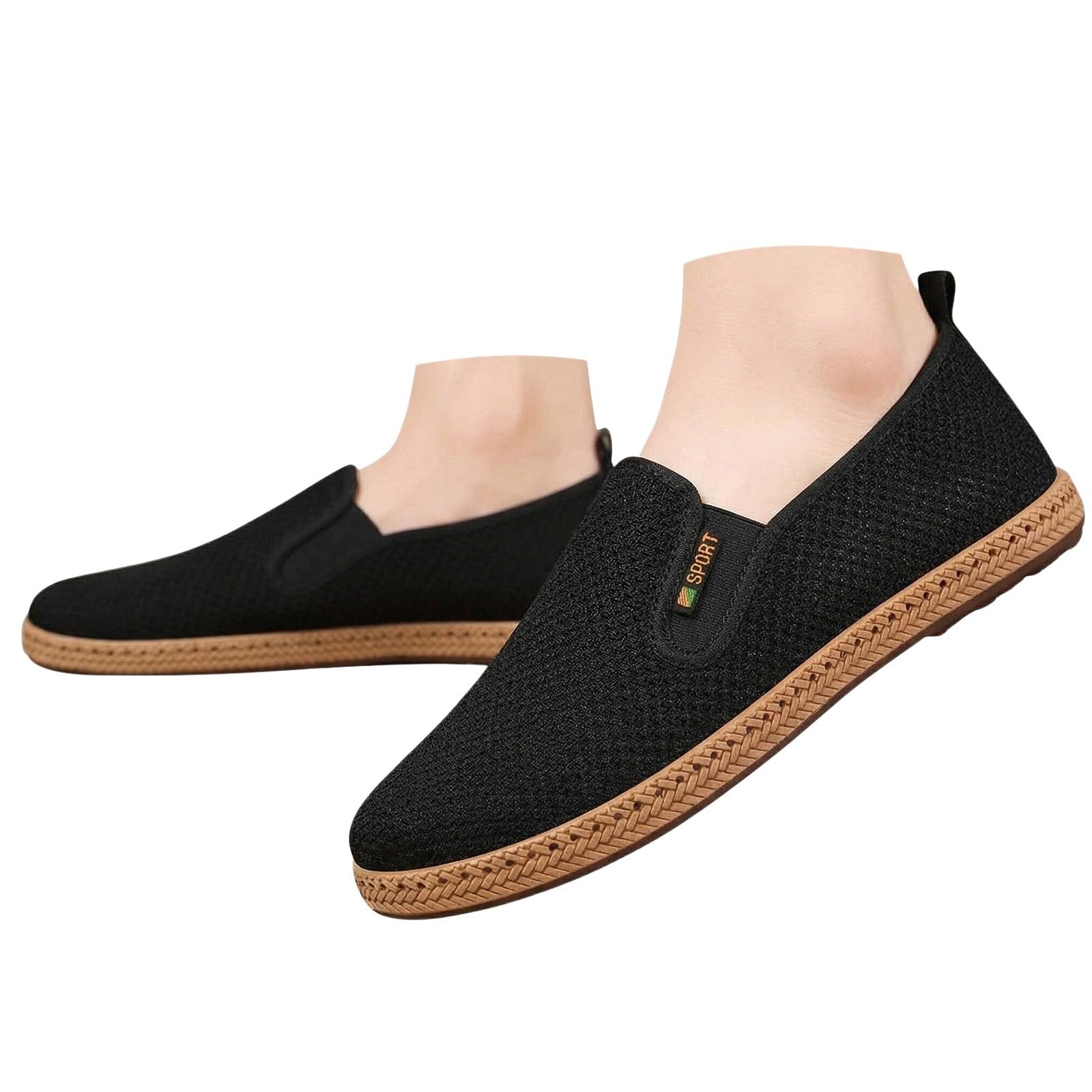 Alpargatas para hombre, color negro, zapatos para caminar, mocasines de malla, transpirables, ligeros, planos, zapatos de verano, suelas suaves, zapatos de tela, zapatos para correr, cómodos zapatos