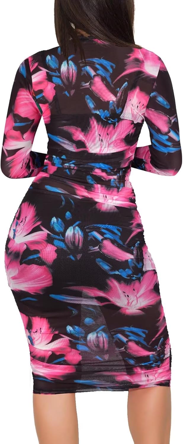 Women's 3 Piece Sexy Mesh Bodycon Dress Set - Long Sleeve Floral Ruched Sheer Midi Dress with Matching Cami and Shorts - Image 4