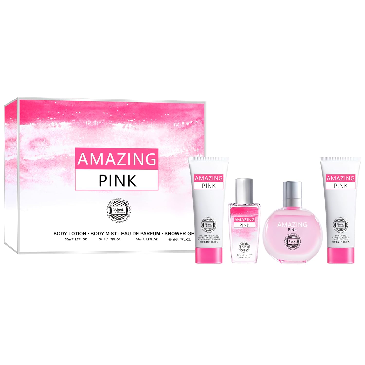 Hybrid & Company Amazing Pink 4-Piece Gift Set for Women, 50ml Perfume, Body Lotion, Mist, Shower Gel