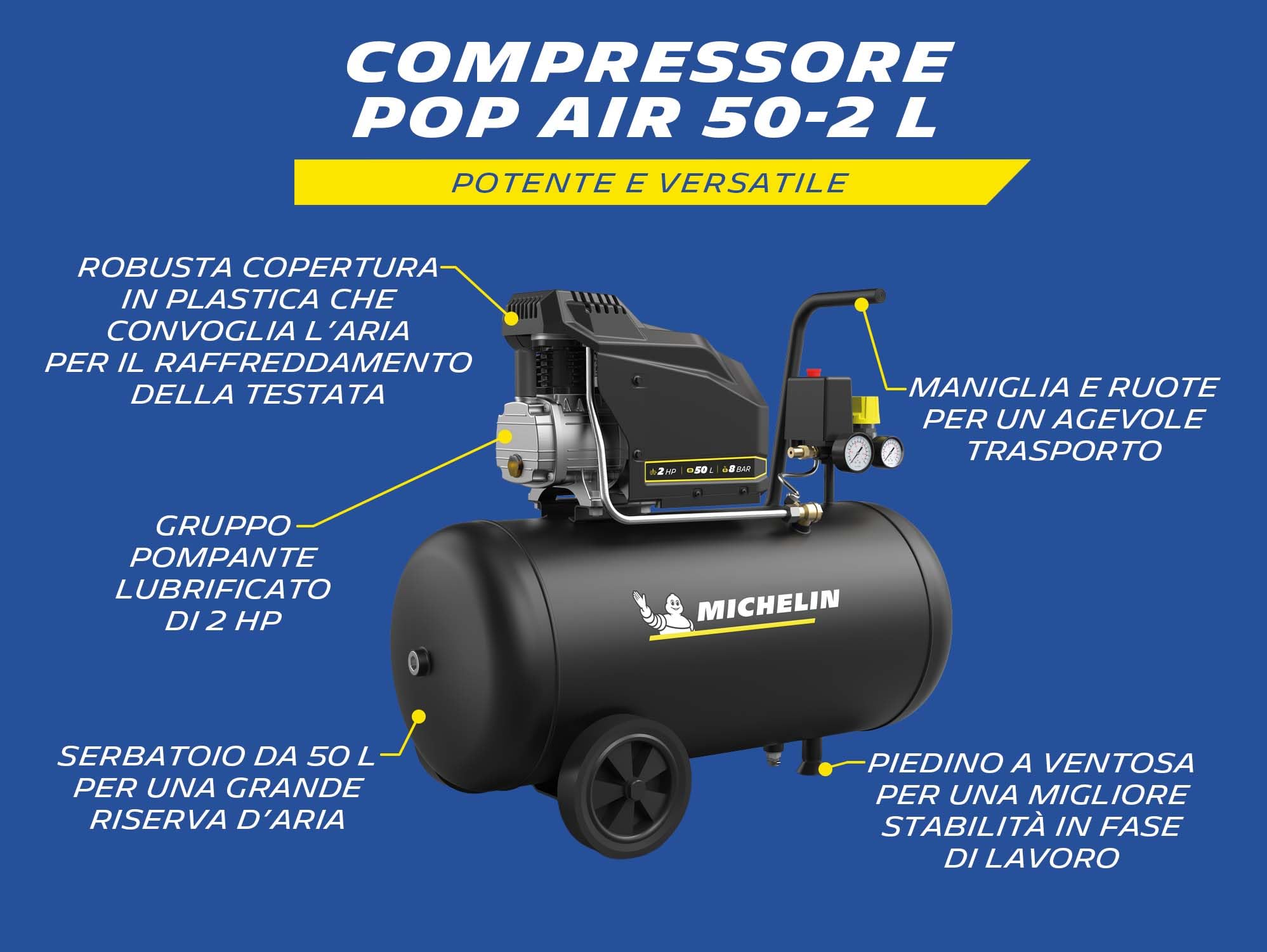 MICHELIN, Kompresor powietrza MX POP AIR 50-2 l, zbiornik 50 litrów z kołami, silnik 2 KM, maksymalne ciśnienie 8 bar, przepływ powietrza 195 l/min