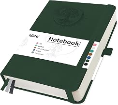 Mlife B5 Dotted Notebook with Tree of Life Design,300 Pages,100 G/M² Dotted Paper,PU Cover, Elastic Band, Pencil Holder,3 Bookmark,For Women and Men,14.6 x 21.3 CM-Dark Green