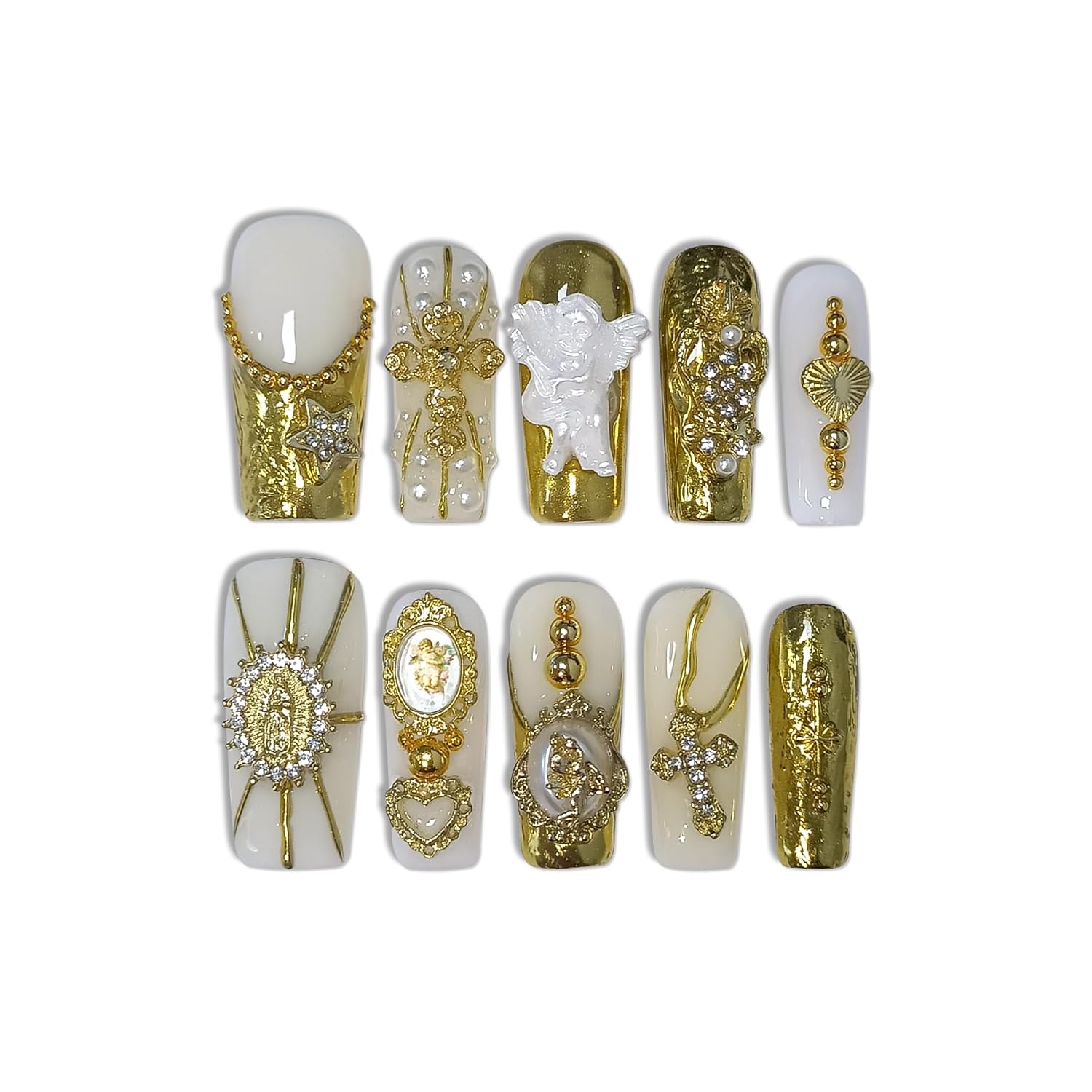 Baroque Press on Nails Long Coffin 3D Embossed Pearl Cross Charm Luxury False Nails for Women Gold Glam Royal Cathedral Style Glue on Nails for Parties Holiday Events(L)