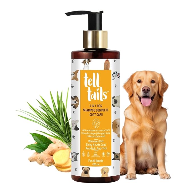5-in-1 Dog Shampoo 250ml | Gentle Coat Cleanser for Dogs | Helps Clean, Condition, Detangle & Freshen Fur | with Citronella, Ginger, Bhringraj & Amla | for Labrador & All Breeds