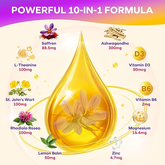 Saffron Gummies for Kids & Adults, 10-in-1 Saffron Supplements with 88.5mg Saffron Extract Support Calm Mind & Focus & Zzz, Sugar Free, Pineapple Flavor, 60 Count