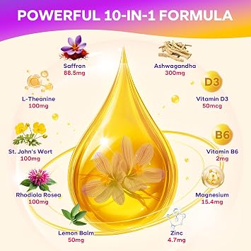 Saffron Gummies for Kids & Adults, 10-in-1 Saffron Supplements with 88.5mg Saffron Extract Support Calm Mind & Focus & Zzz, Sugar Free, Pineapple Flavor, 60 Count
