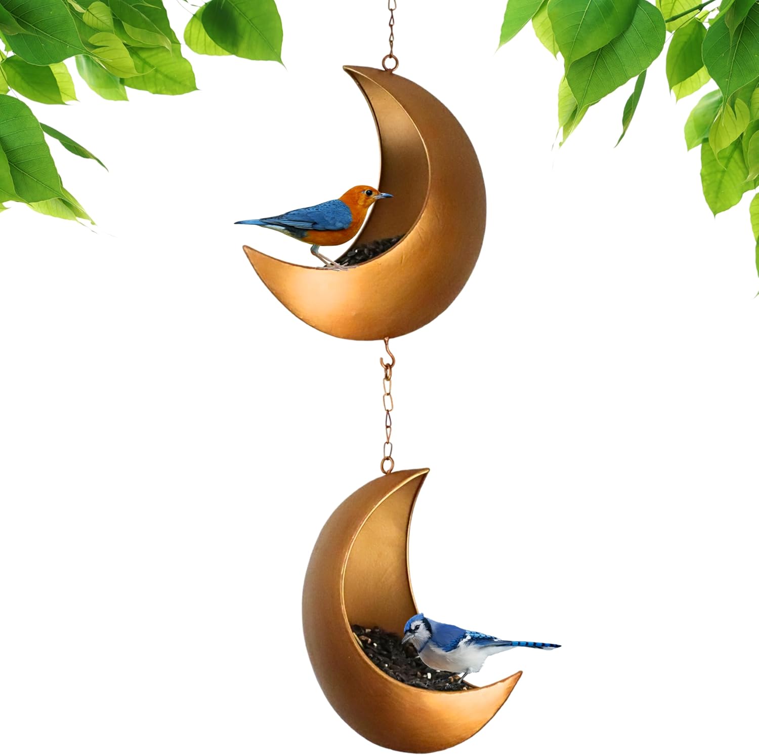 Double Hanging Moon Bird Feeder – Unique Metal Bird Feeders for Outdoors, Antique Gold, Rust-Resistant, Drain Holes – Wild Bird Feeder for Bluebirds, Cardinals, Finches, and Backyard Birdwatching