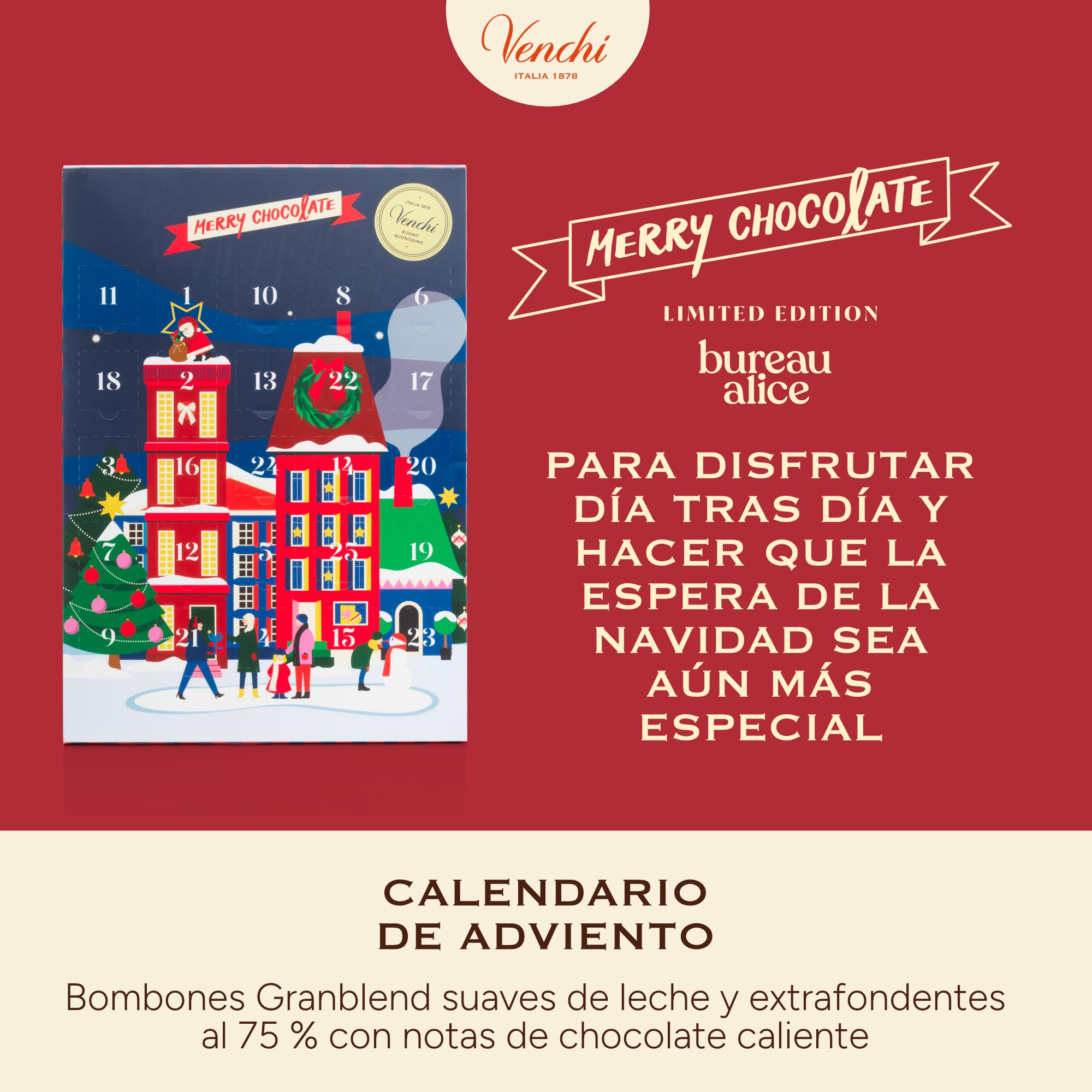 Venchi Calendario de Adviento 2025 Clásico 24 Bombones Assortidos Granblend Leche y Extra Amargo 75% Edición Limitada 181g Sin Gluten