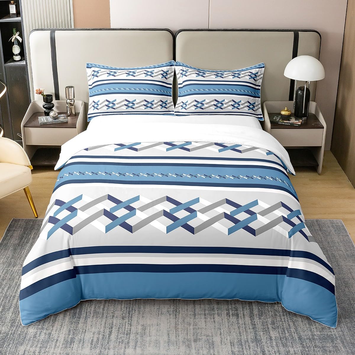Parure de lit géométrique rayures bleu gris pour décoration chambre ferme