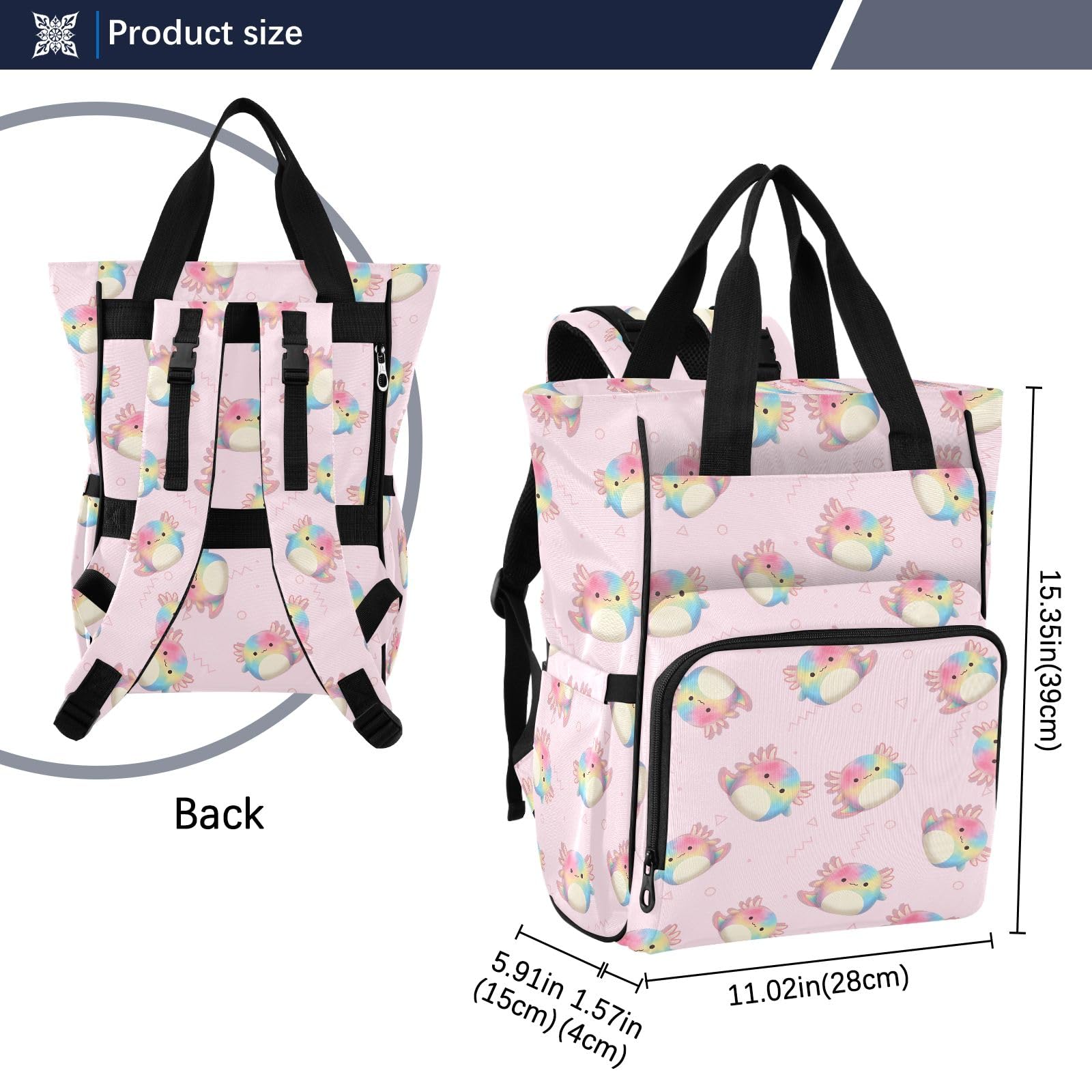 Mnsruu Borsa per pannolini per bambini con motivo Axolotl colorato zaino grande borsa impermeabile da viaggio borse per pannolini per mamme e papà