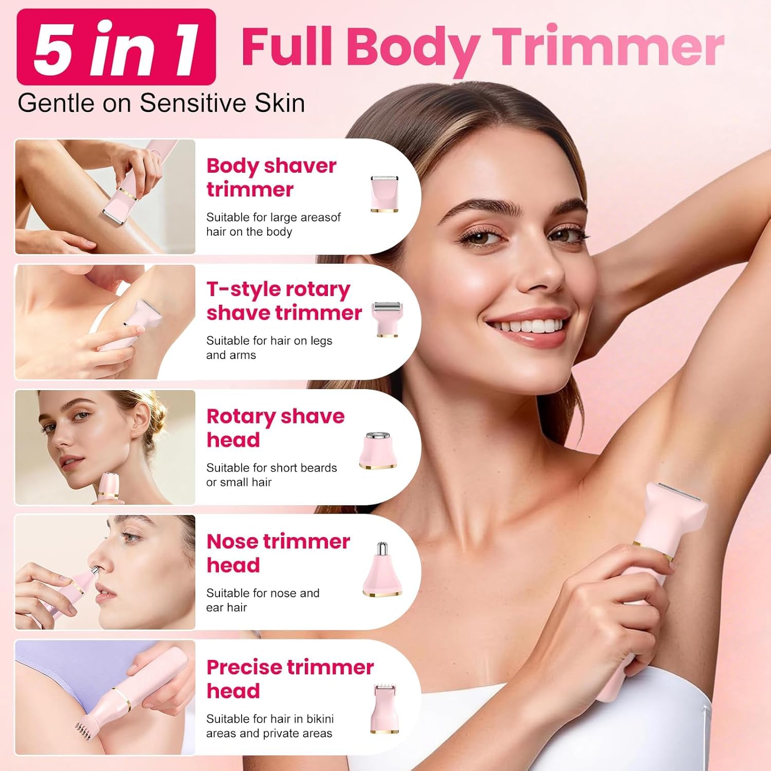 Rasoir Electrique Femme 5 en 1 Tondeuse Bikini Étanche IPX7 Rasoir Intime Femme 5 Têtes Interchangeables pour Visage, Bras, Jambes, Aisselles avec Base de Charge USB