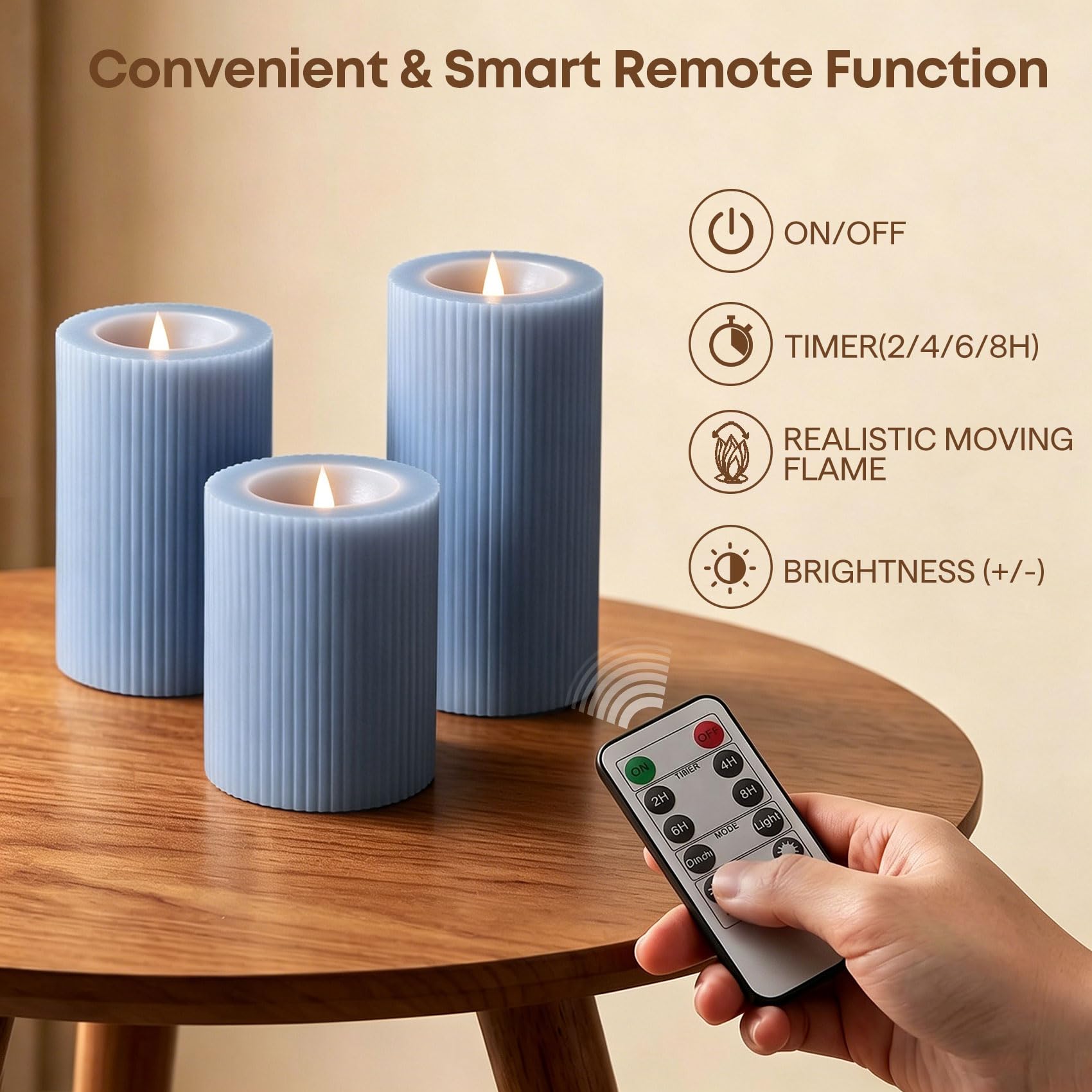 Candele a pilastro senza fiamma a coste blu polveroso con telecomando, fiamma tremolante in movimento, candele a LED di cera a batteria, decorazione per la casa, set di 2