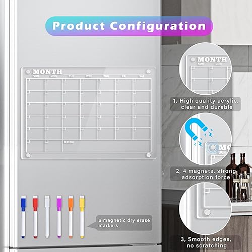 Miniatura 2 de Calendario magnético de borrado en seco, calendario acrílico, pizarra blanca transparente de 16 x 12 pulgadas para refrigerador con 6 marcadores