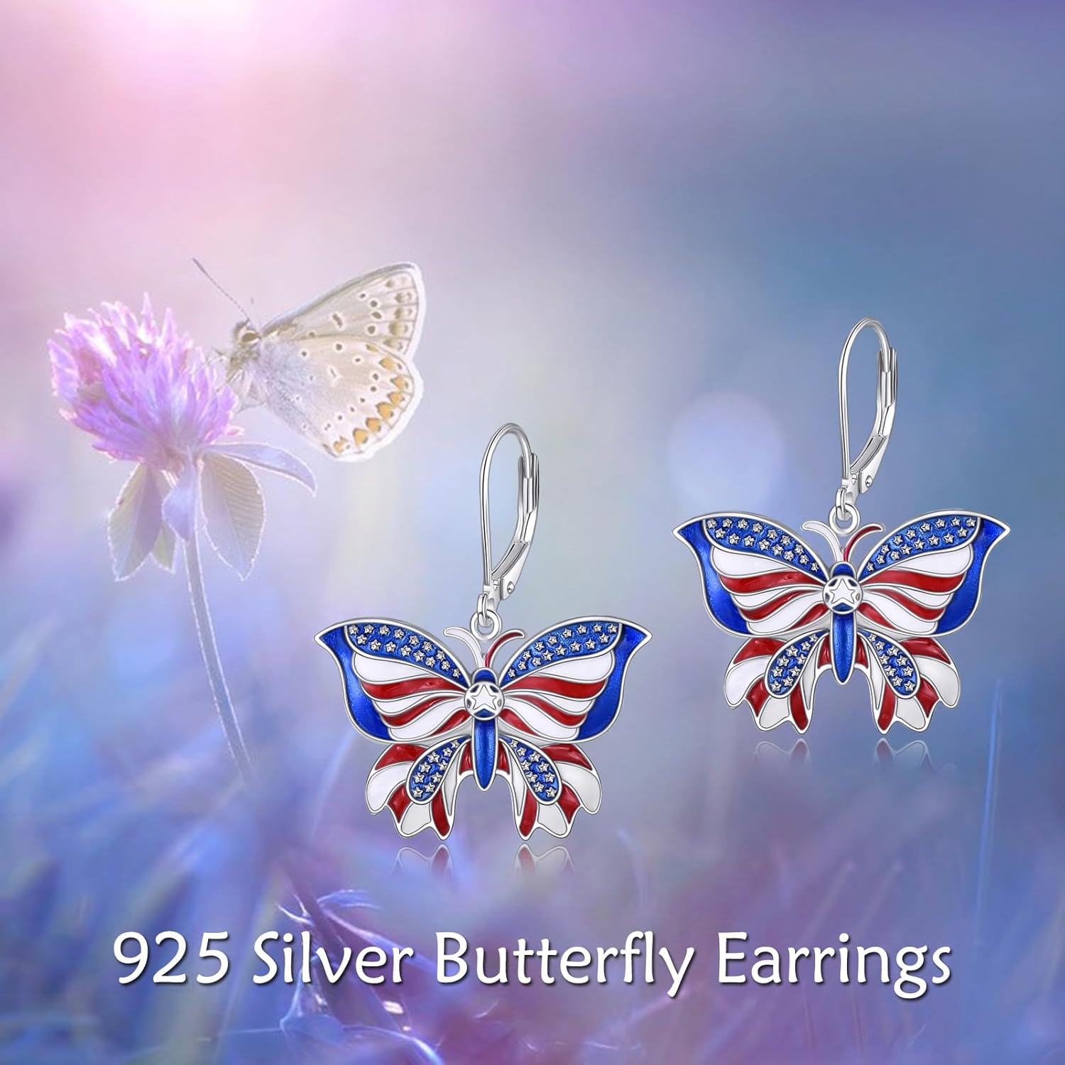 American Flag Star Earrings Sterling Silver 4th of July Earrings Cubic Zirconia Butterfly Dangle Jewelry Birthday Gifts for Women - Image 6