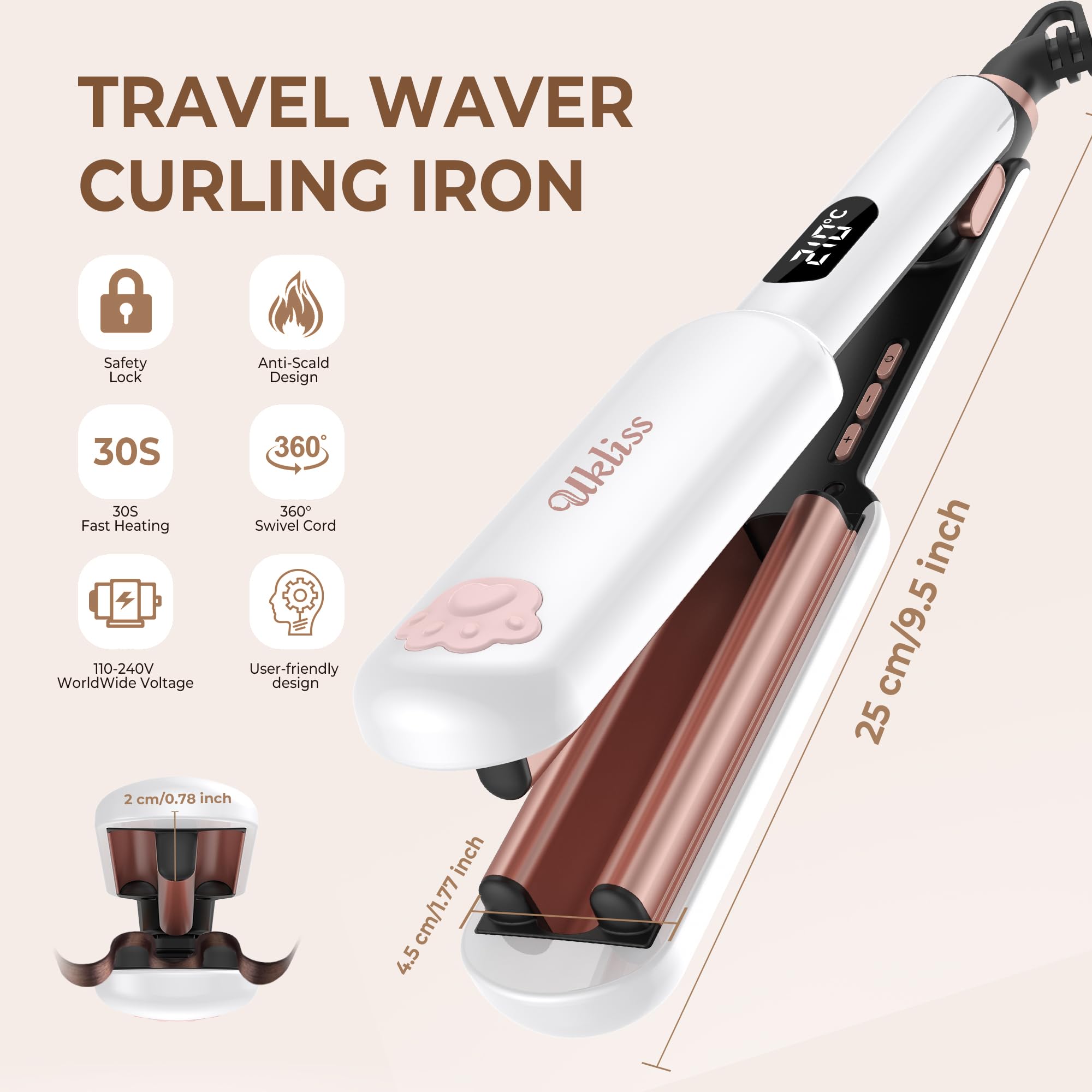 UKLISS Plancha ondulada, Pro Mini plancha ondulada para cabello, rizador de pelo grande, adecuado para principiantes, pantalla LCD [130-210℃], con alfombrilla de aislamiento térmico, guantes y bolsa
