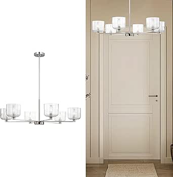 Scott Living 6-Light Lochdale Modern Chandelier in Brushed Nickel Finish with Clear Ribbed Shade DJC1216BS, Modern Chandelier That Enhances Farmhouse Decor and Room Decor in Living and Dining Areas