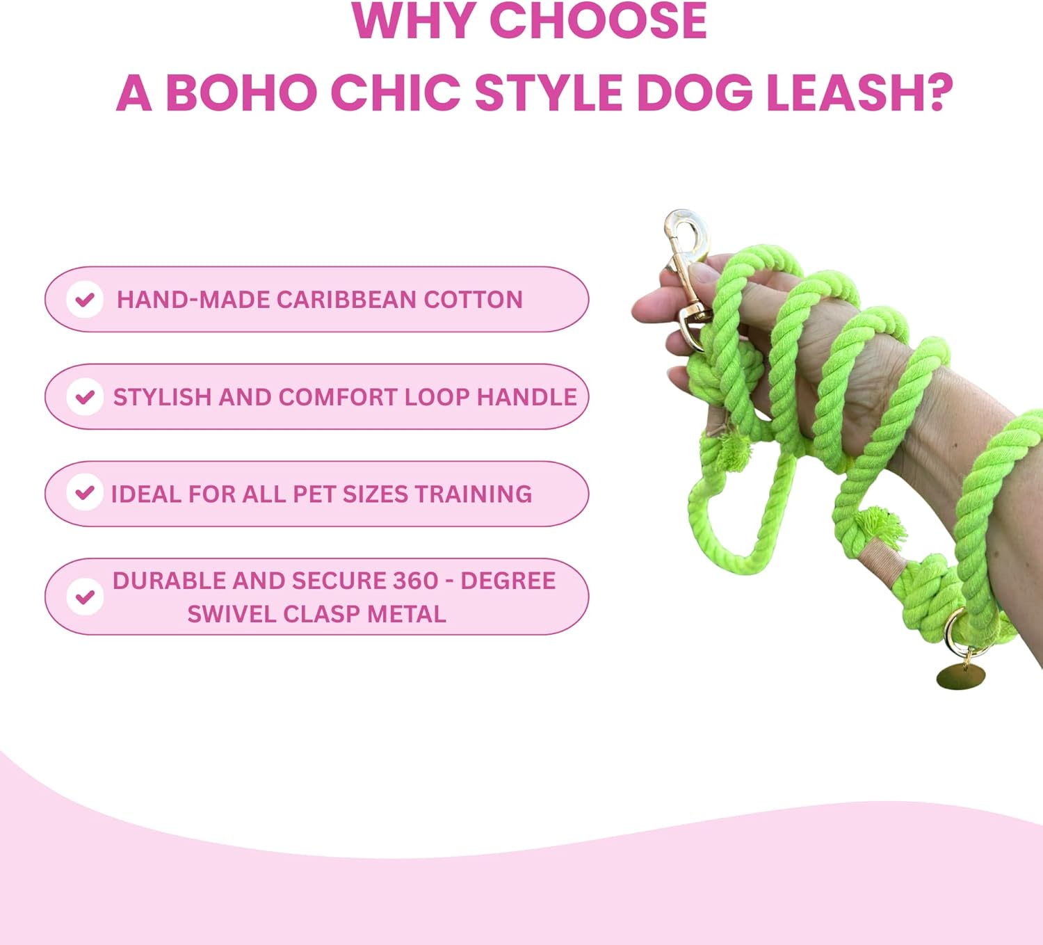 Glow Pups Dog Leash, Handmade Caribbean Cotton Rope Dog Leash with Strong 3" Clasp, Great for Small, Medium, Large Dogs, Stylish Unique Design, 5 Foot, Bright Green