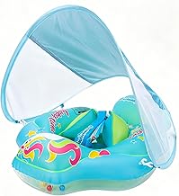 Adjustable Baby Swimming Float Sun Canopy, Inflatable Baby Pool Float with Adjustable Safety Seat, for 6 9 12 18 24 36 Months Toddlers Kids