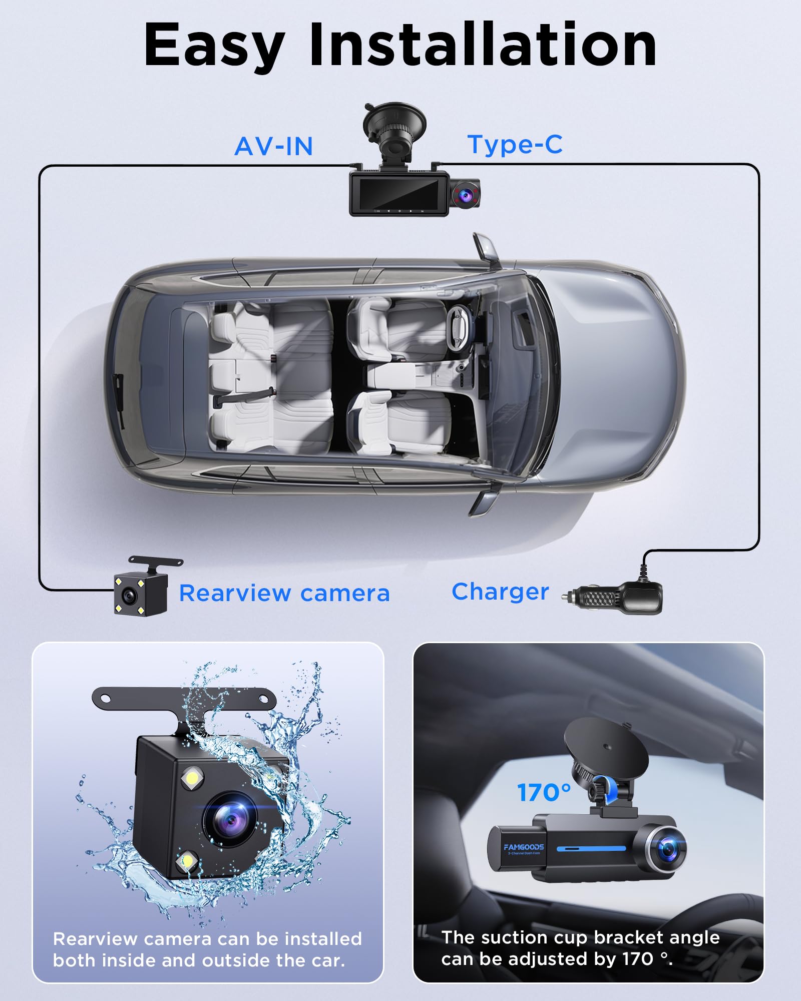 Dashcam Voiture 4K, Arrière, Intérieur, Caméra de Bord 3.16" écran IPS, Carte Gratuite 64 Go, Dashcam Voiture Avant Arriere 360, Super Vision Nocturne, Capteur G, Enregistrement en Boucle, WiFi, APP