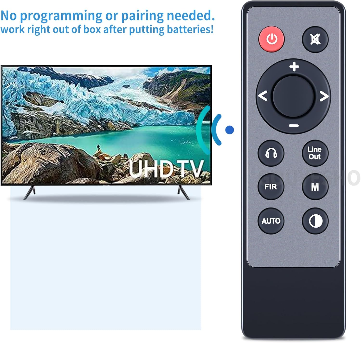 PZL RC-22 remote control being used with a TV, illustrating no programming needed