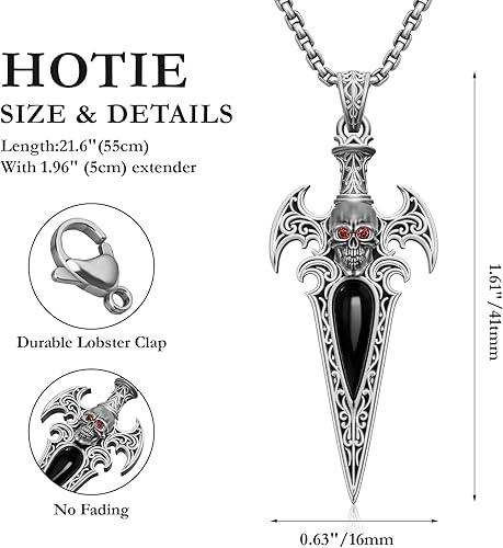 Miniatura 6 de Collar de espada de calavera gótica para hombre, colgante de espada de plata de ley 925 con circonita negra, acabado oxidado vintage, regalo de