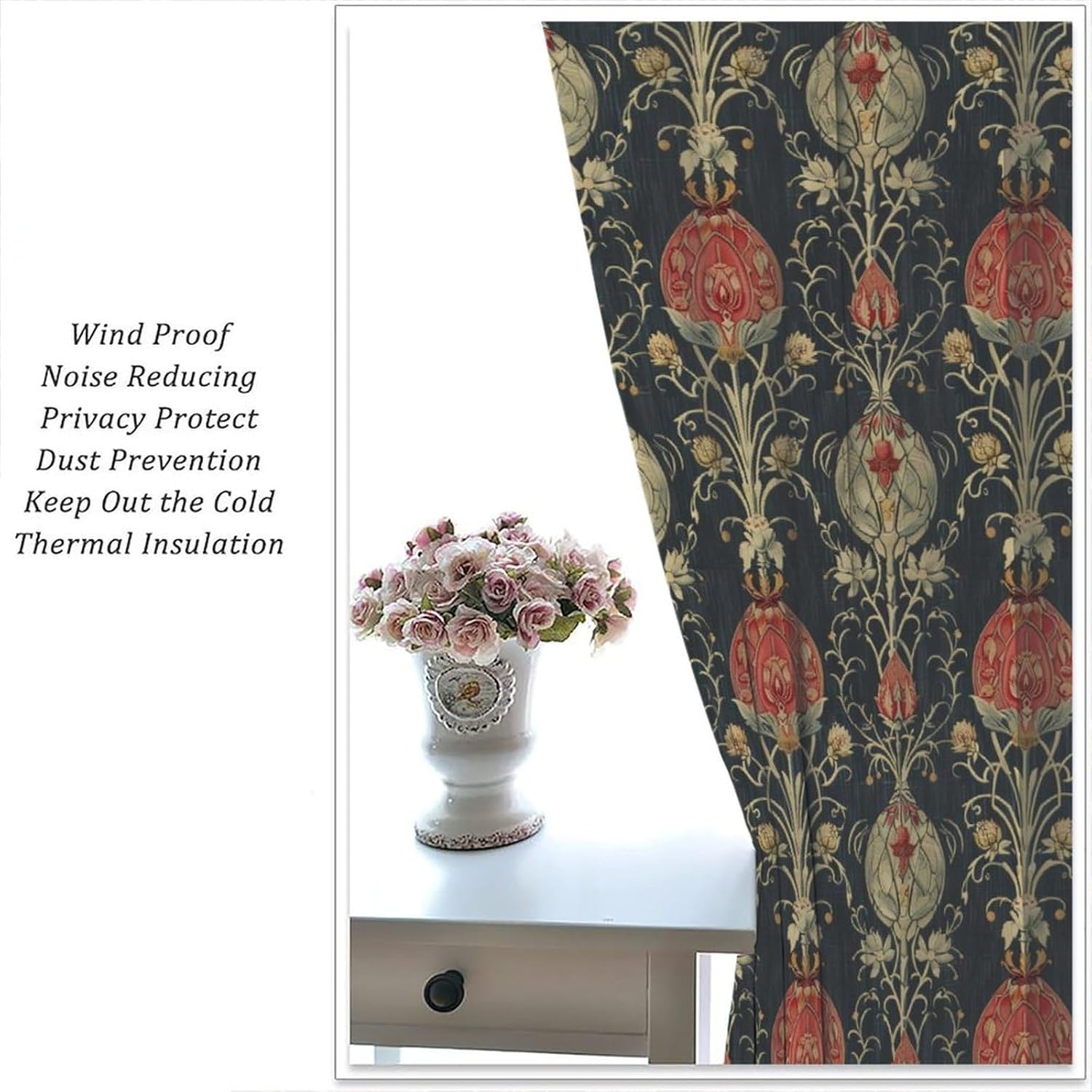 Bohemian Floral Green Blackout Curtain, Vintage Vine Illustrated Art Home Decor Curtain, William Morris Style Theme Curtain, Women's Room Living Room Blackout Curtain 2 Pieces 42x45in