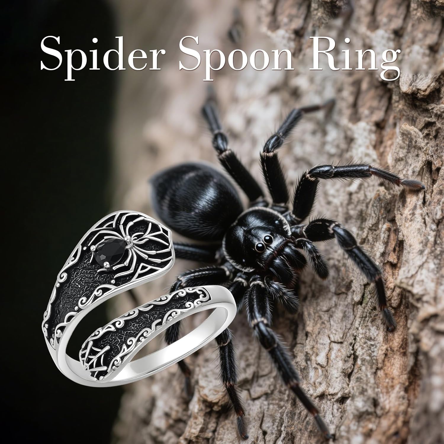LONAGO Spoon Ring 925 Sterling Silver Black Onyx Spider/Wings/Eagle Rings Vintage Finger Open Antique Spoon Rings Adjustable Thumb Ring for Women