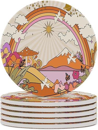 Miniatura 14 de Posavasos botánicos, posavasos redondos de cerámica redondos, 4 unidades, diseño de plantas vintage, diseño botánico de dibujos animados, hongos