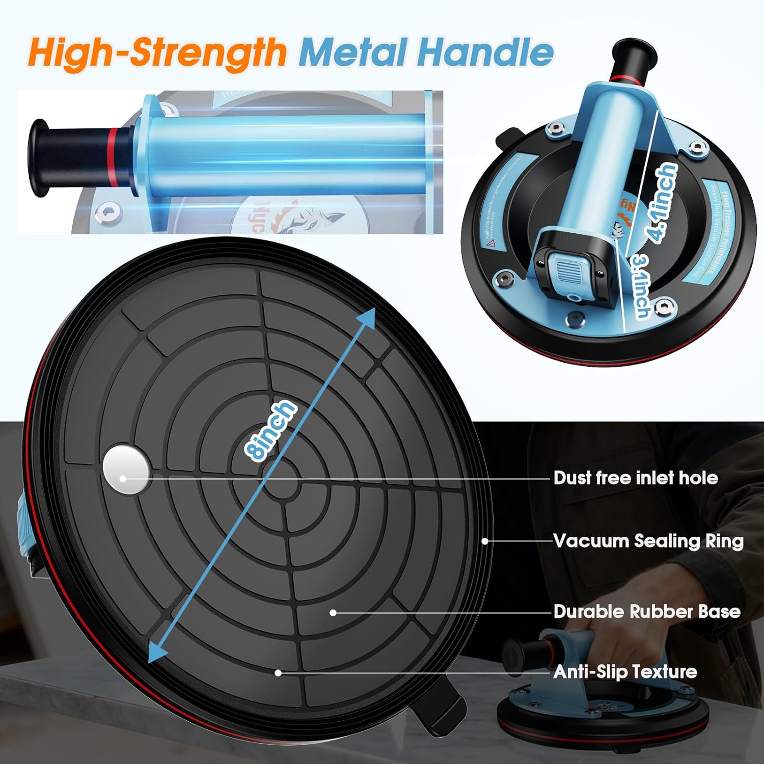 Suction Cups for Glass Lifting: 8" Tile Suction Cup Lifter with Metal Handle and Pump, 400KG Load Capacity Heavy Duty Vacuum Lifter for Lifting Large Tile, Granite, Metal, Windows (2-Pack)