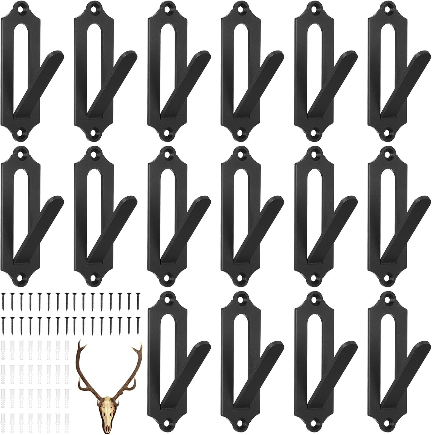 16 Pack European Mount Skull Hanger, Heavy Duty Iron Euro Wall Mount Bracket with Screws & Anchors for Deer, Antelope, Coyote & Small Game Animals, Indoor Outdoor Use (Black)