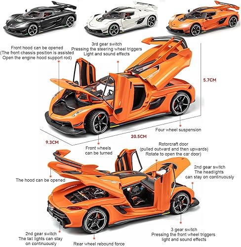 Miniatura 2 de EROCK 124 Koenigsegg - Juguetes de aleación para automóvil, diseño de puerta abierta, con sonido y luz para niños, juguetes de juguete para niños,