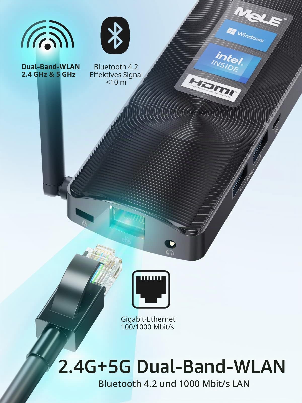 MeLE PCG02 Mini-PC-Stick Lüfterloser Celeron J4125, Kleiner Computer, Micro-PC, LPDDR4, Win11, HDMI 4K 60Hz, 2.4G/5G Wi-Fi 5, Gigabit Ethernet, BT 4.2, USB 3.0, Wake on LAN, PXE (8G/256G)